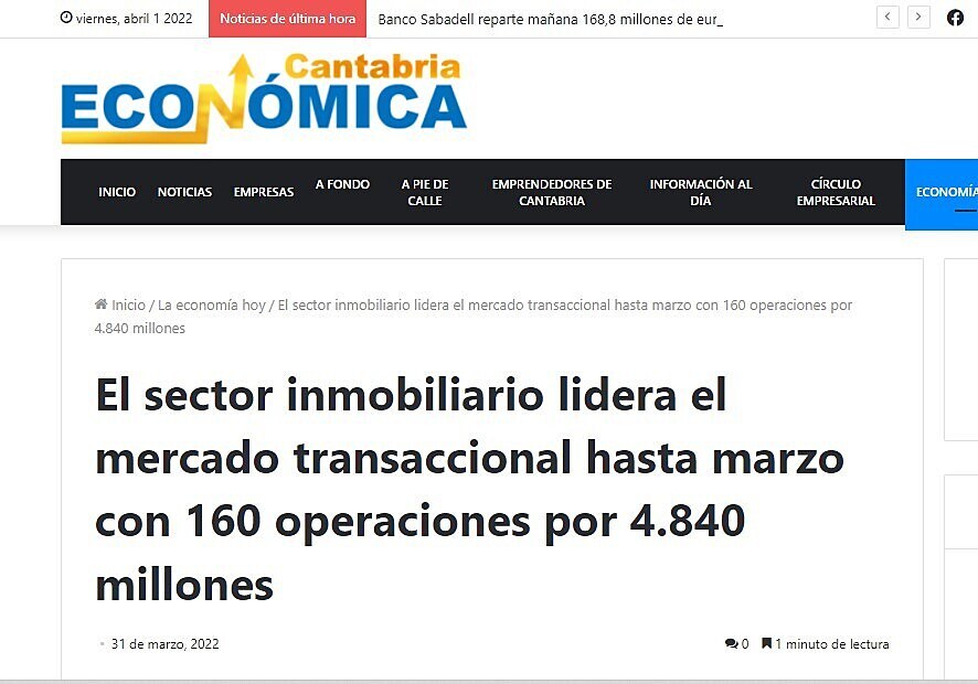 El sector inmobiliario lidera el mercado transaccional hasta marzo con 160 operaciones por 4.840 millones